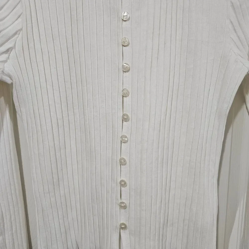 Free People Ribbed Cardigan Cream Button Front Stretch Size L - Picture 2 of 7